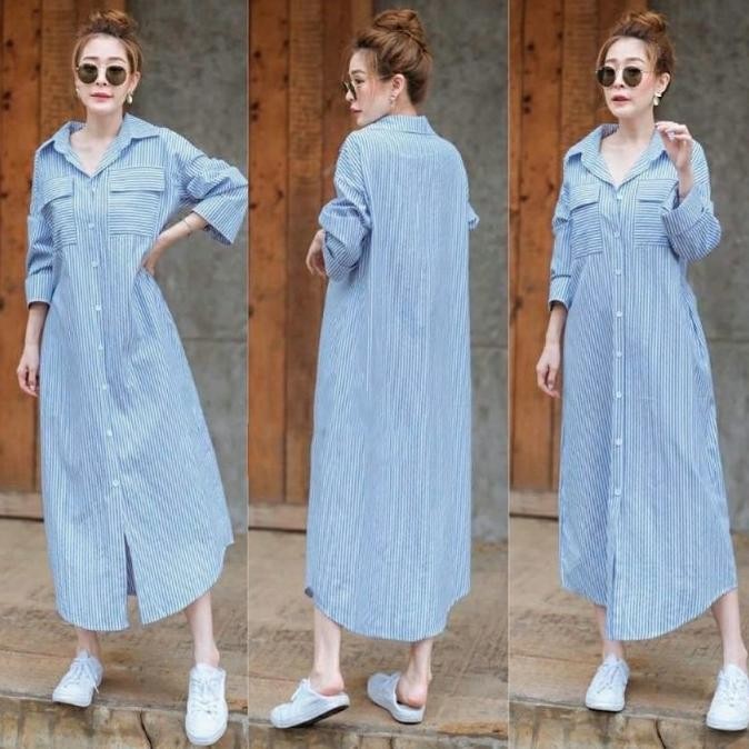 MAXI DRESS KOREA SALUR GARIS BIRU/ HITAM GAMIS MUSLIM ROMA SERRA CS
