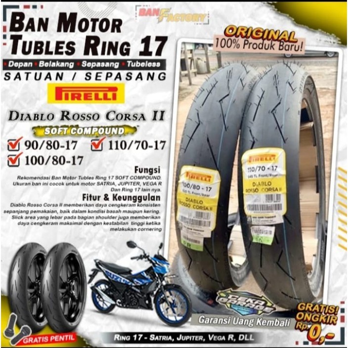 Ban Motor Tubeless Pirelli diablo corsa  Ring II 17 Ban Motor Vixion Ninja Supra Satria Tubles Depan