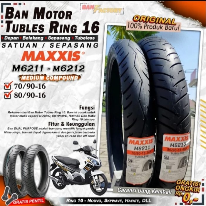 Ban Motor Matic Tubeless Maxxis 6211 6212 Ring 16 Ban Motor Nouvo Skywave Hayate Tubles Depan Belaka