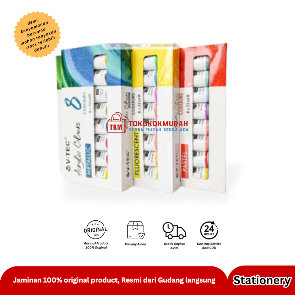 

CAT V-TEC ACRYLIC COLOURS PASTEL / METALLIC / FLUORESCENT 22ML 8 WARNA