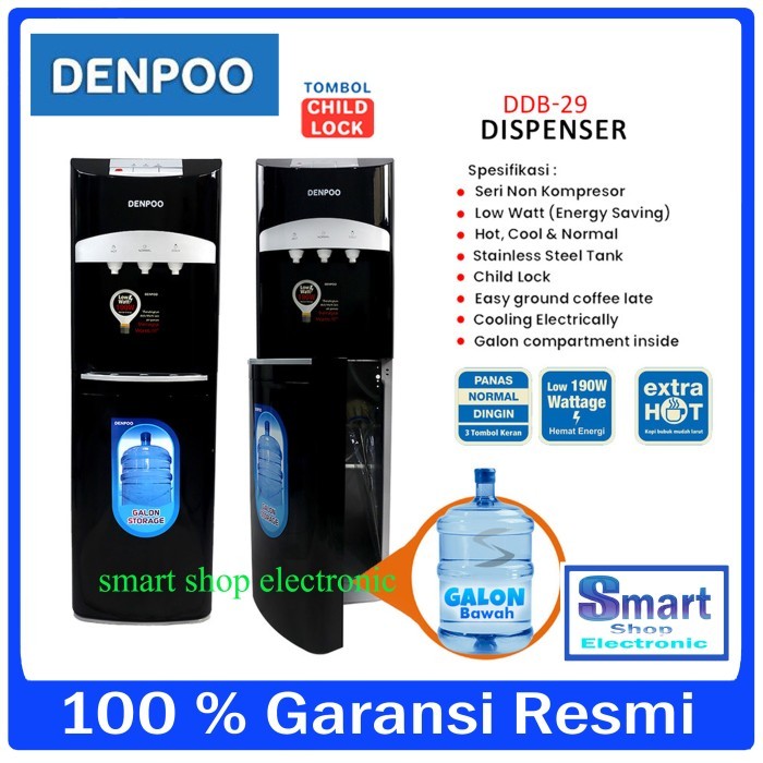 Dispenser Denpoo DDB-29 Galon Bawah, Kapasitas 4.6L Air Panas & 2L Air Dingin, Hitam/Putih