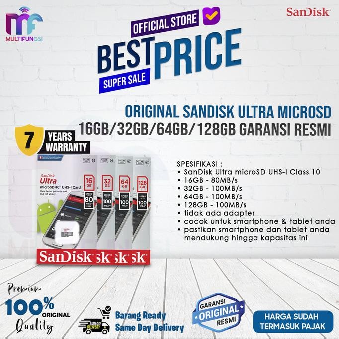 

ORIGINAL SANDISK ULTRA MICROSD 16GB/32GB/64GB/128GB GARANSI RESMI