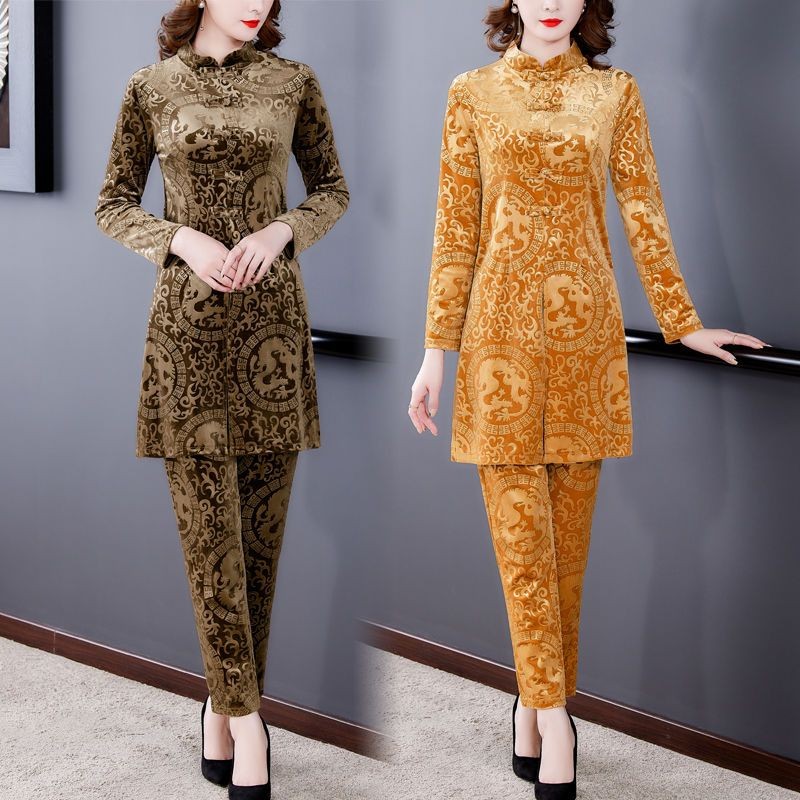 Setelan Panjang Wanita Beludru Emas, Pakaian Kasual Celana Panjang Gaya China Ibu Cheongsam Setengah