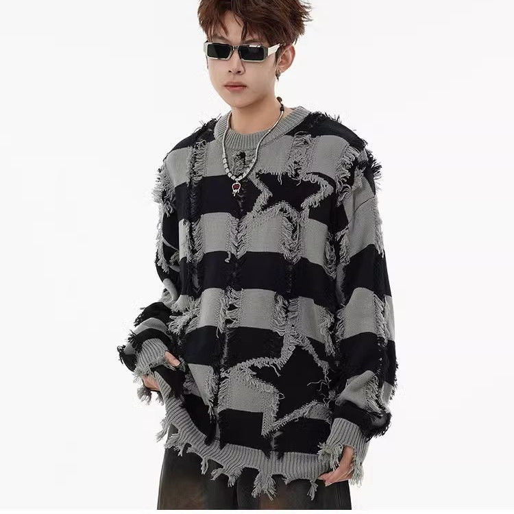 Striped Ripped Sweater for Men oversize Couple sweater