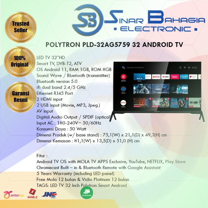 POLYTRON PLD-32AG5759 32 ANDROID TV (NEW) (KHUSUS BANDUNG)