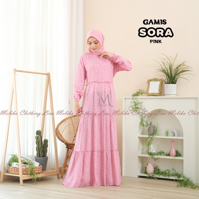 Mukena GAMIS MUSLIM / HOME DRESS WANITA RAYON MOTIF SORA - PINK adem katun terkini elegan premium te