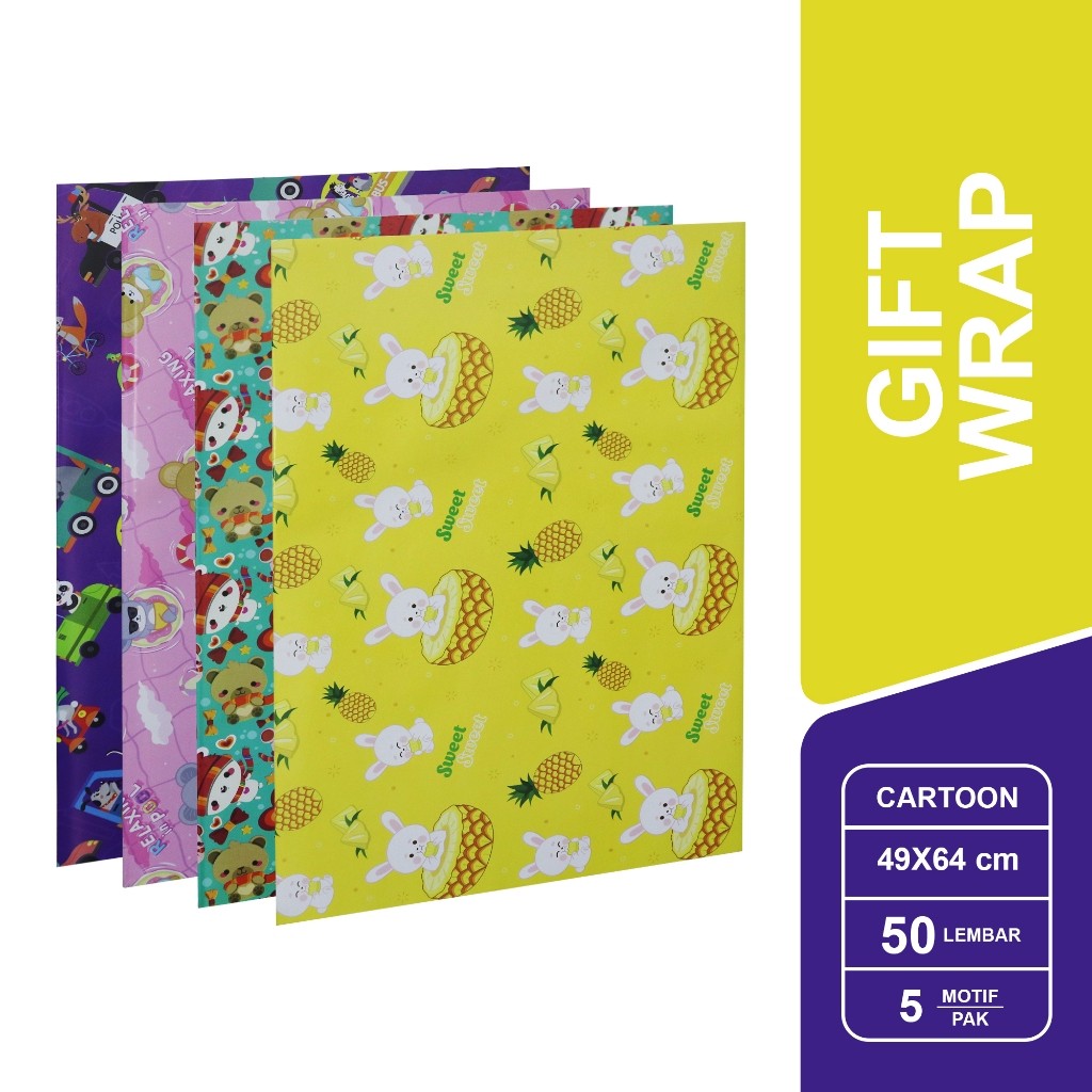 

[Stationery Spectrum] SIDU Kertas Kado Glossy Motif Kartun / Cartoon Gift Wrap 1 Pack isi 50 Lembar - SDU GW K CAR AP