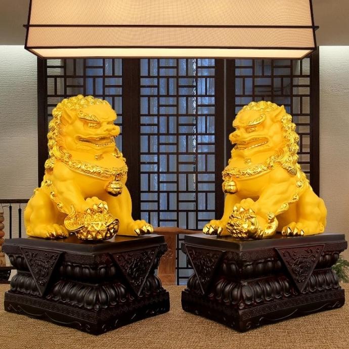 

Sale! Patung Fu Dog Emas Sepasang Pajangan Qilin Singa Fu Hoki Hongsui Kayu