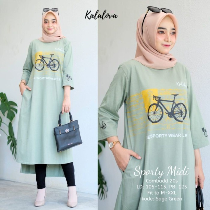 terlaris KAOS TUNIK WANITA SPORTY MIDI JUMBO LENGAN PANJANG COMBED BY KALALOVA - Sage Green GM273