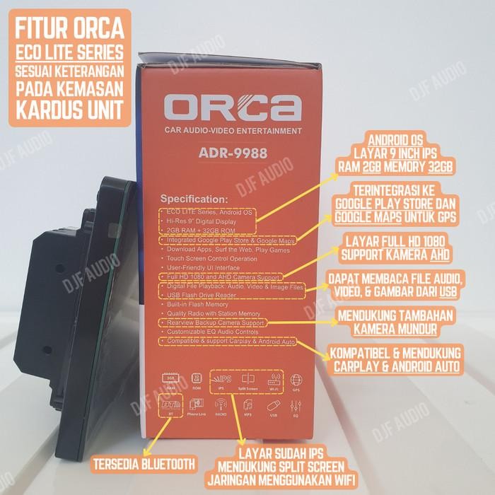 Head Unit Android Orca Adr 9988 9 Inch 9" Ram 2Gb - 16Gb Double Din