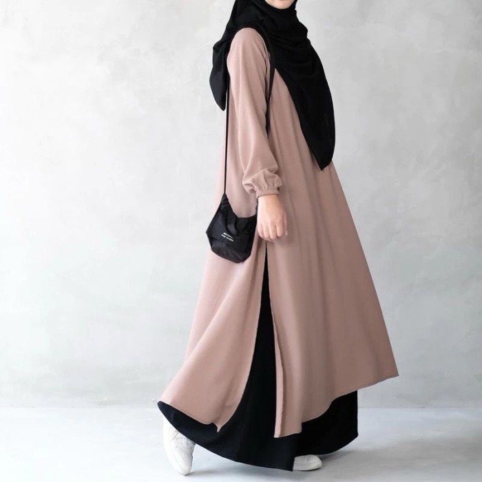 Free Ongkir Tunik midi dress wanita muslim - Putih, polos