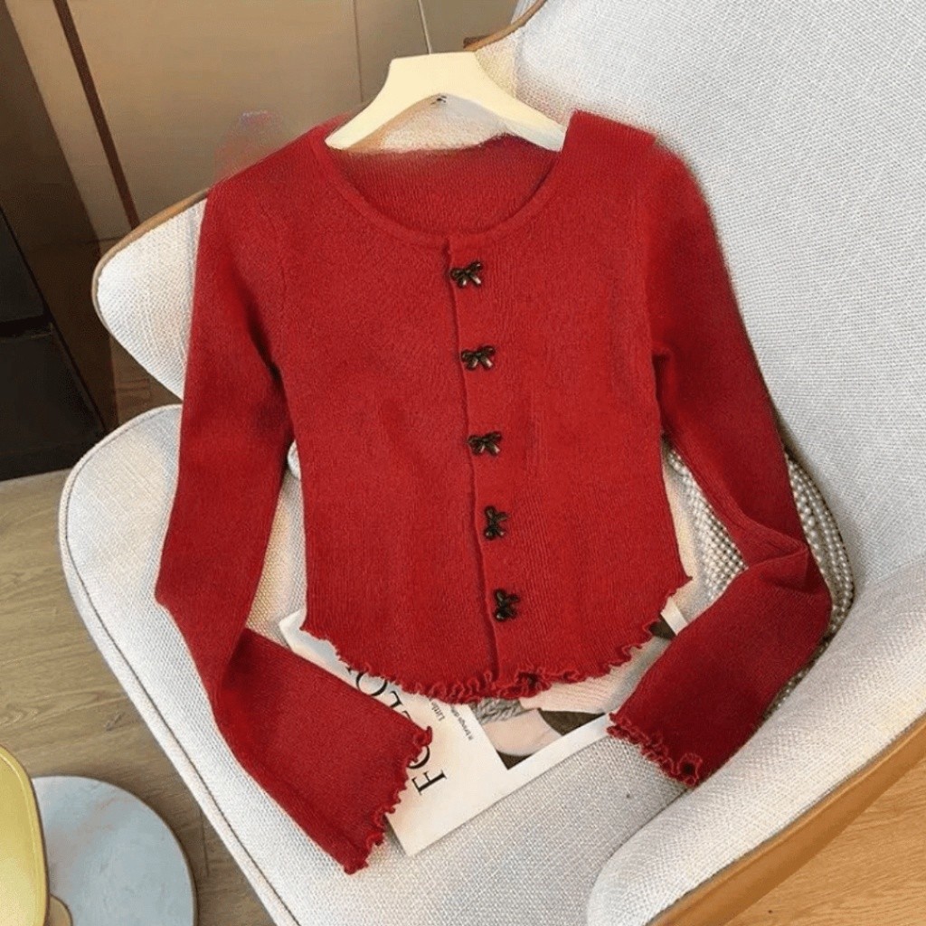 ROSELLA Knit Top Pita Coquette Crewneck Rajut Wanita Ribbon Cardigan Crop Merah Hitam Putih Choco