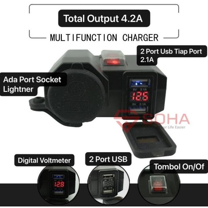socket - MLD-3028 Charger Motor Voltmeter 2 USB Cas HP di Motor Stang Motor Spion Motor Casan 4.2A W