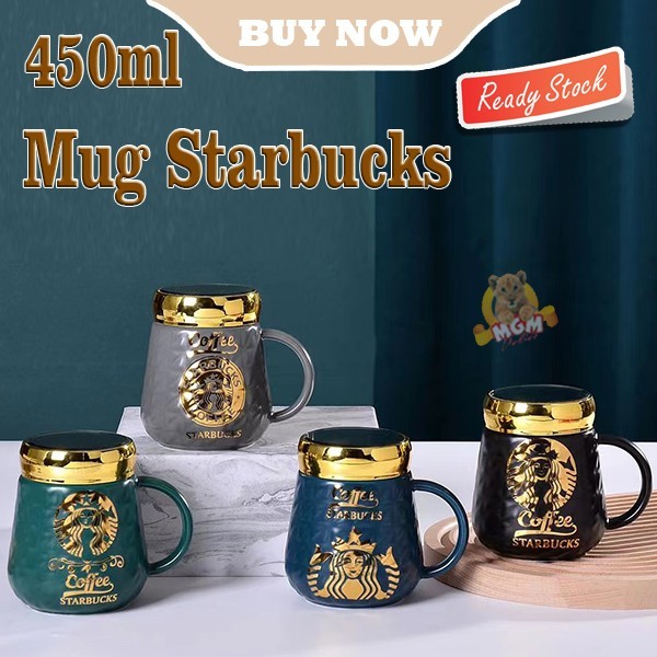 GELAS STARBUCKS KERAMIK MUG STARBUCKS GOLD DENGAN TUTUP KACA