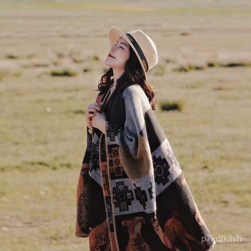 Ethnic Style Bohemian Travel Vacation Warm Talma Cashmere Tassel Cape Scarf Floral Outer Wear Autumn