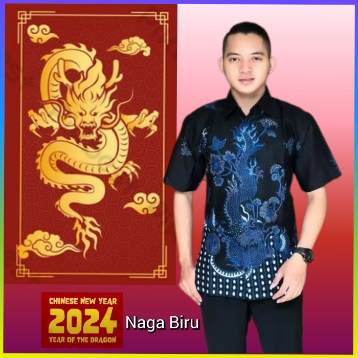 Meno - Kemeja Lengan Pendek Pria Cheongsam Baju Imlek Naga Biru Qipao Sincia