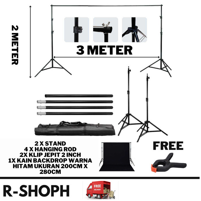 TERBARU - Stand Tiang Background 190x300cm Dengan Kain Backdrop Hitam 200x280cm