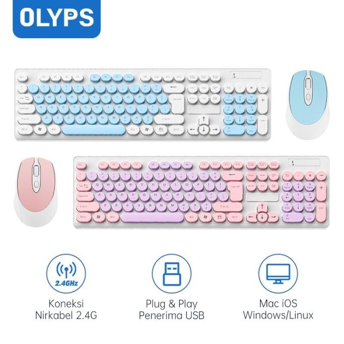 OLYPS Keyboard & Mouse Wireless Set Portable Full Size Color Set Bass Button Untuk PC Laptop