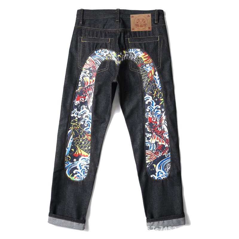 Longteng Blessing God Jeans Men's and Women's Same Korean Style Koi Puree Personality M Printed Slim