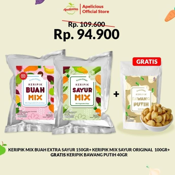 

Apelicious [Gratis Keripik Bawang Putih] Mix Keripik Sayur Ori + Mix Keripik Buah Tropis