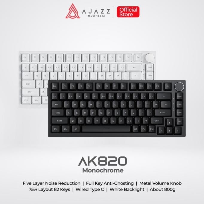Keyboard - Ajazz AK820 Monochrome 75% Mechanical Keyboard Wired White/Blue Light