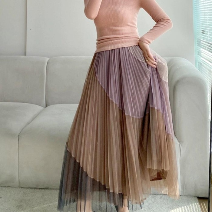[LANGSUNG KIRIM] Cruzita Double Layered Pleated Tulle Midi Skirt Rok Wanita Import TM 8 - Cokelat PD