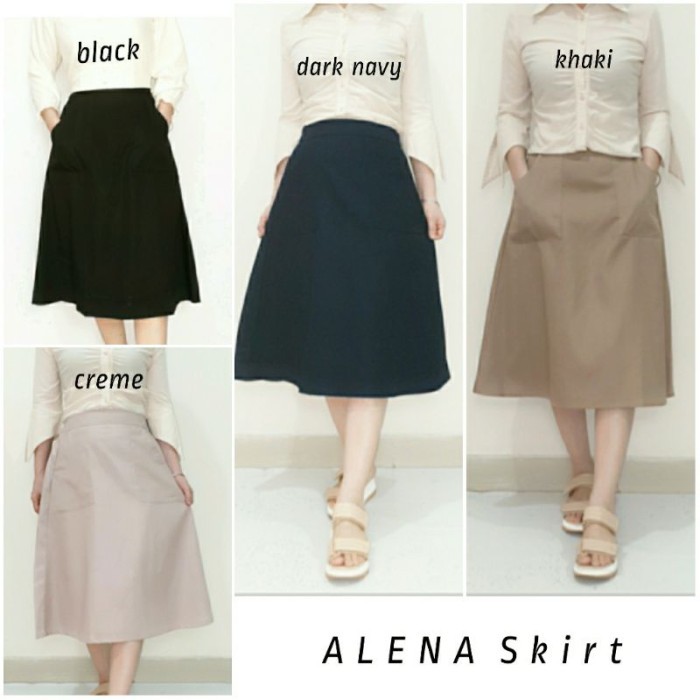 TERMURAH Rok Wanita Midi Skirt Katun Polos Model A Line Panjang 7/8, Alena 01MD