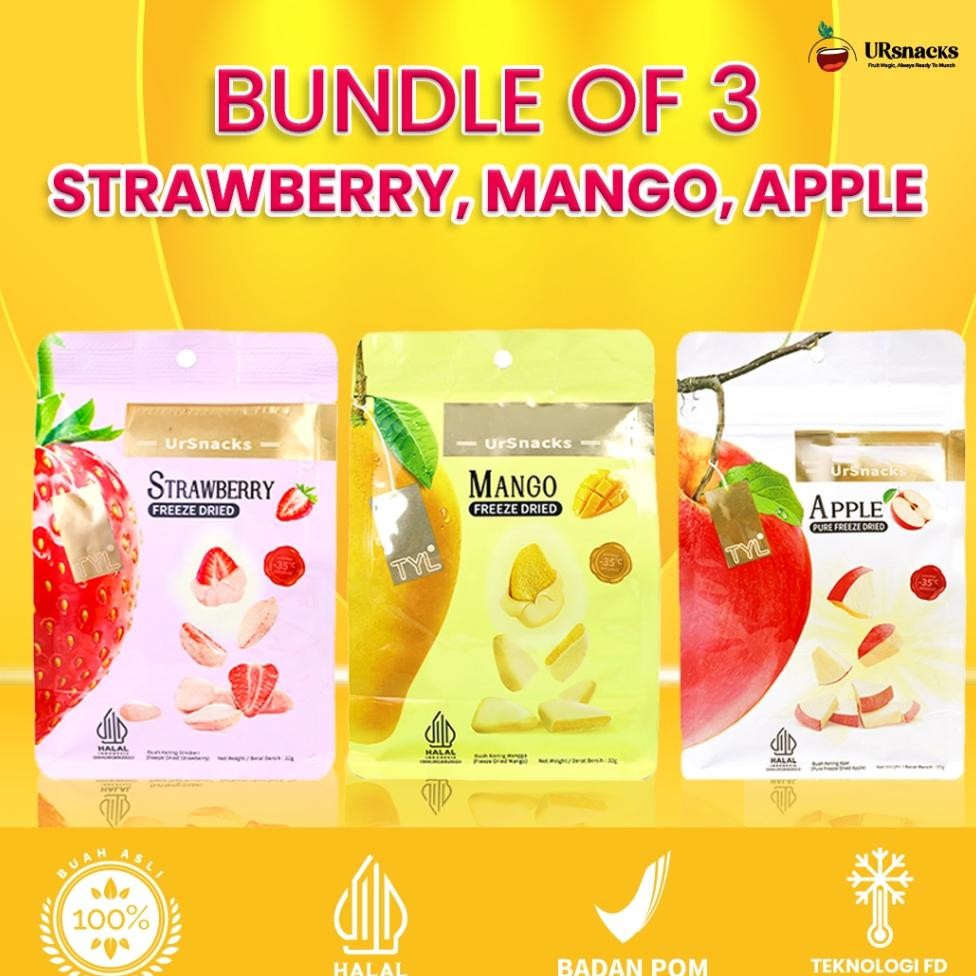 

Ursnas Bundle 3 - Freeze Dried Fruit Keripik Buah Kering Sehat Mango + Strawberry + - Sna Keripik Buah Halal Bpom