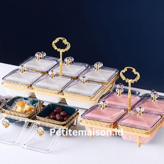 PETITEMAISON LEEA SNACK TRAY WADAH TOPLES KUE KERAMIK TUTUP KACA GANTUNGAN EMAS