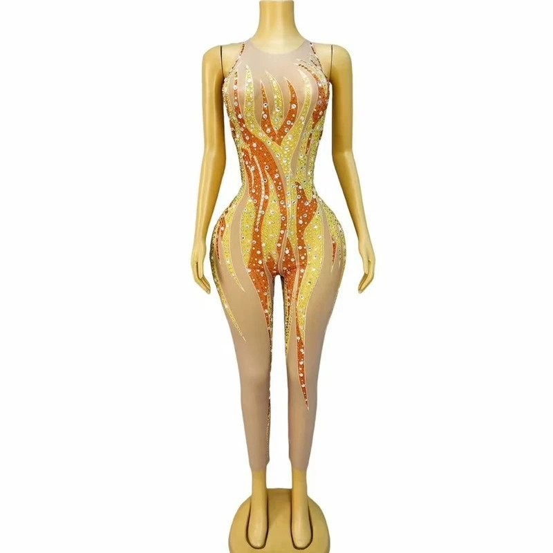 Sparkly Rhinestones Sexy Stage Mesh Jumpsuit Dancer Singer Performance Outfit Wedding Birthday Party