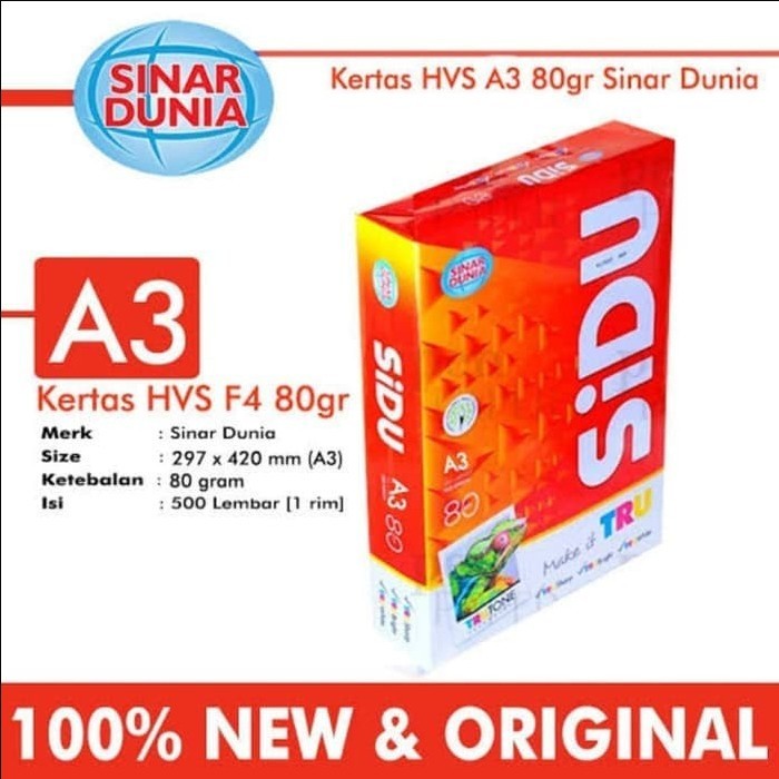 

SIDU SINAR DUNIA KERTAS HVS PUTIH FOTOCOPY PRINT 80 GRAM A3