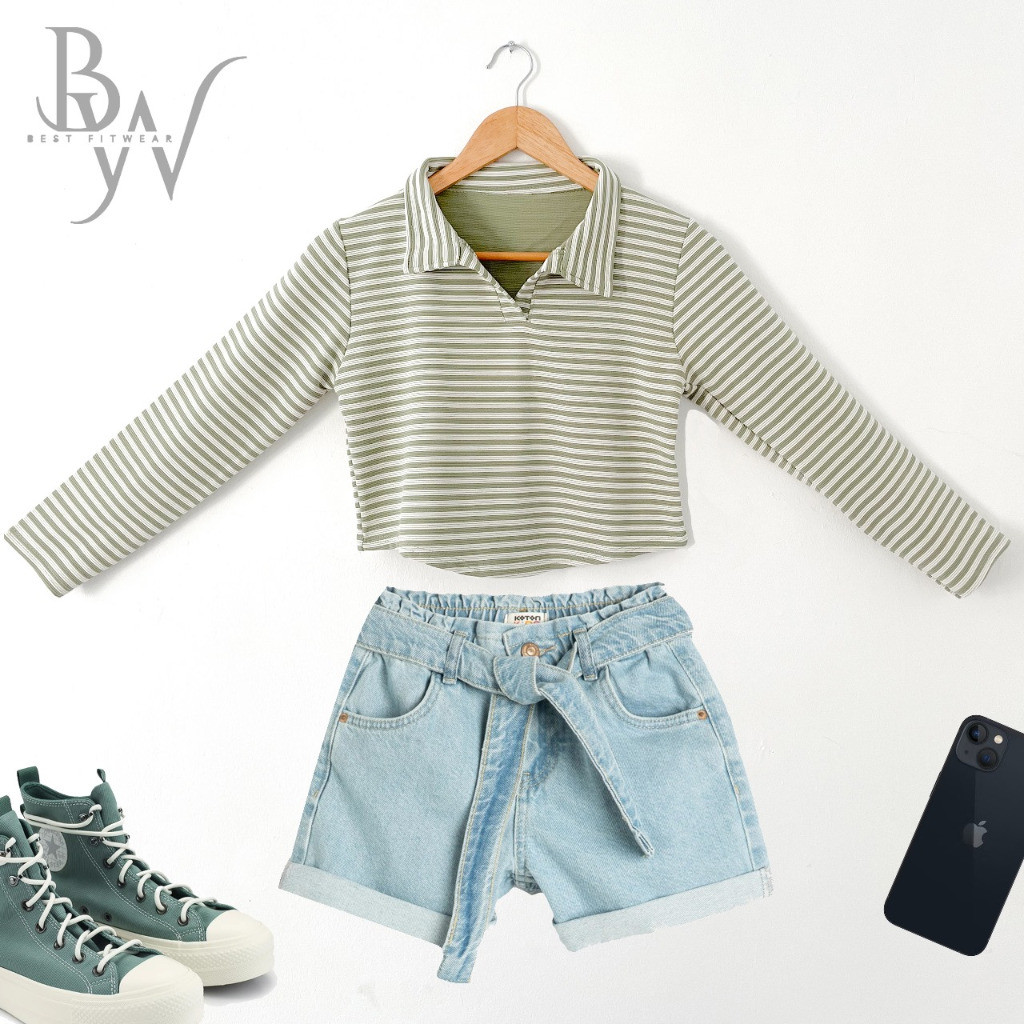 Crop top Polo Shirt Lengan Panjang - Green
