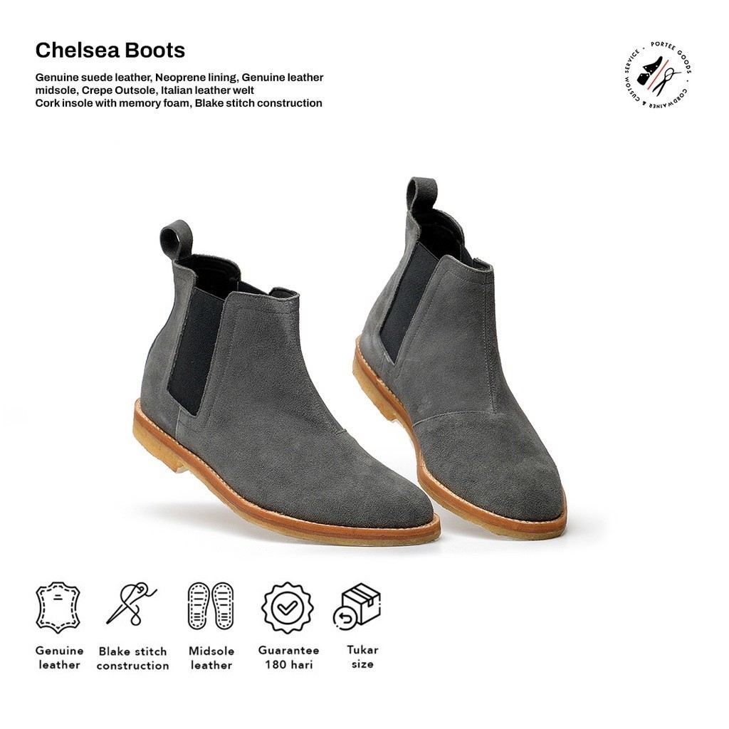 Portee Goods Sepatu Kulit Boots Pria Chelsea Boots Dark Grey Suede Abu