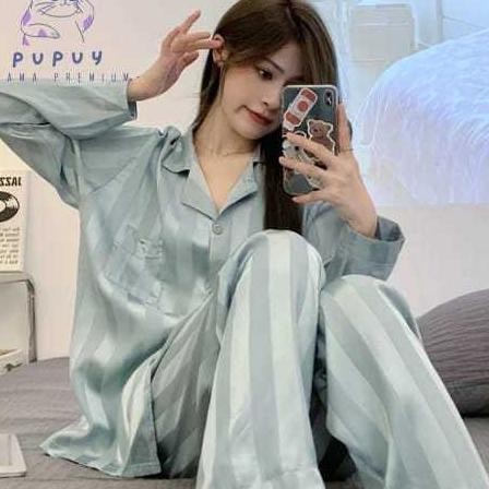 Piyama Wanita Korea Pajama Remaja Kalem Lembut Polos Laurencia Satin Sutra Baju Tidur Wanita Dewasa 