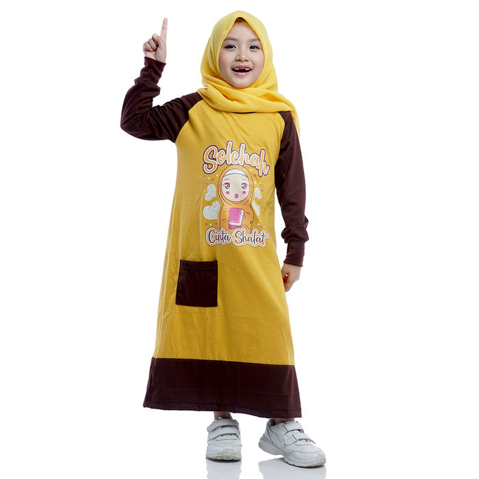 TERLARIS Dungdungkids Gamis Anak Perempuan Kaos Muslim 3 - 9 Tahun - Kuning Coklat, S