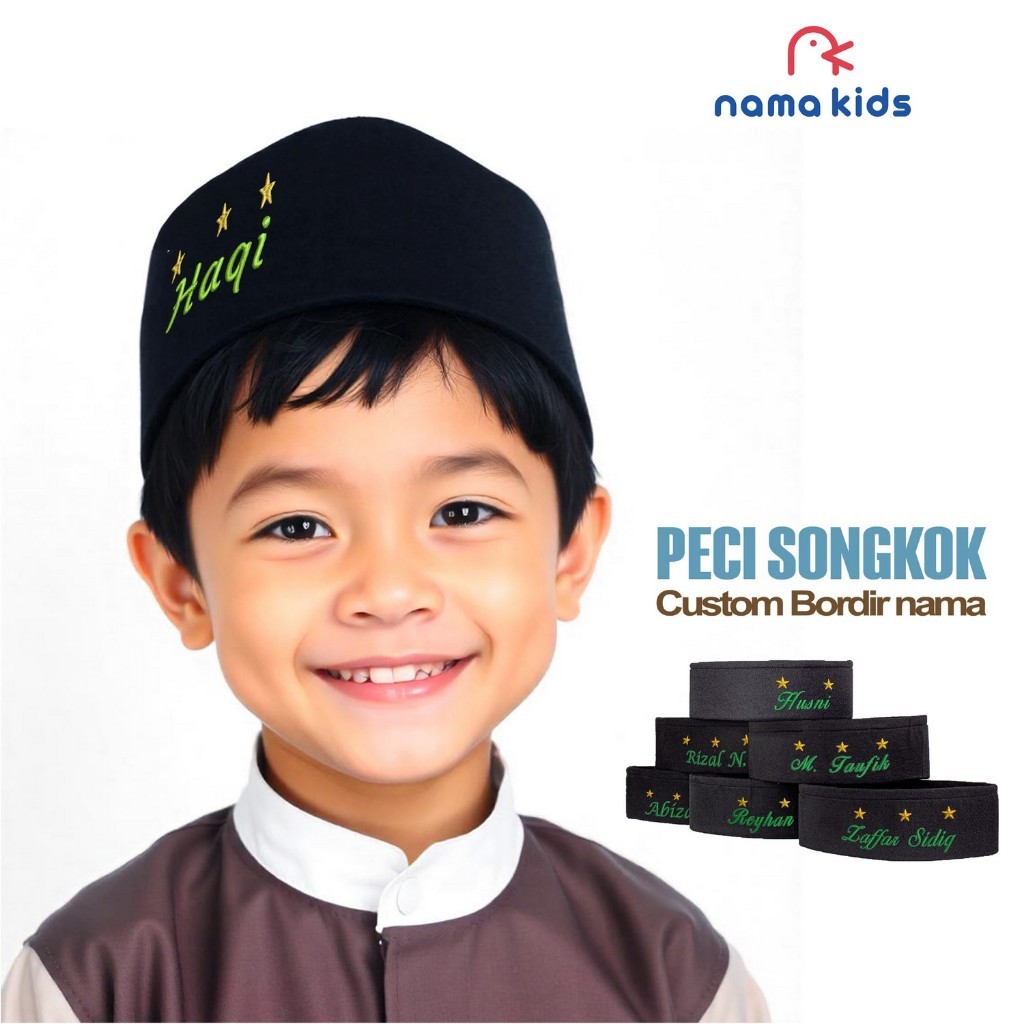PECI NAMA ANAK SONGKOK BORDIR NAMA KOPIAH NAMA BORDIR NAMA KOPYAH NAMA CUSTOM NAMA ANAK PECI MURAH