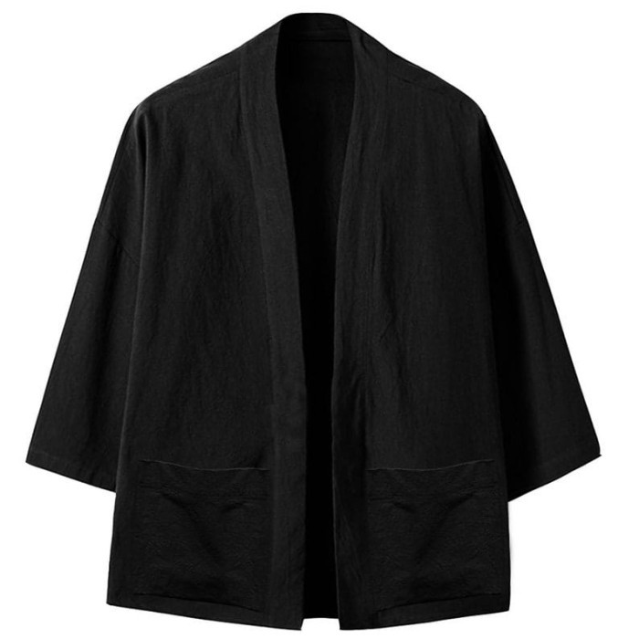 TERLARIS Kimono jepang pria wanita outer hitam polos cardigan M L XL XXL 2L 2XL - Hitam, L