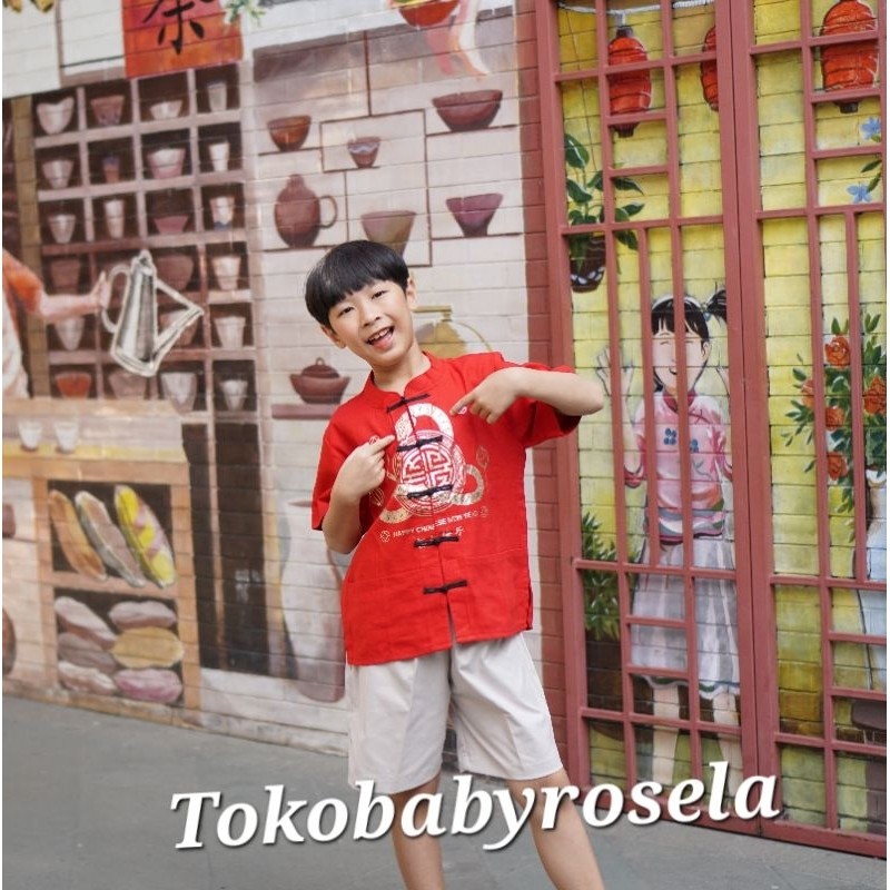 Baju Imlek Anak Atasan Lakilaki Tanggung China Lengan Panjang Pendek Setelan 2In1 Cowok Dewasa Wanse
