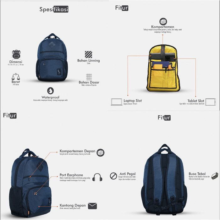 Splendido Navy Mnm X Urban Tas Ransel Pria Wanita Tas Punggung Ori