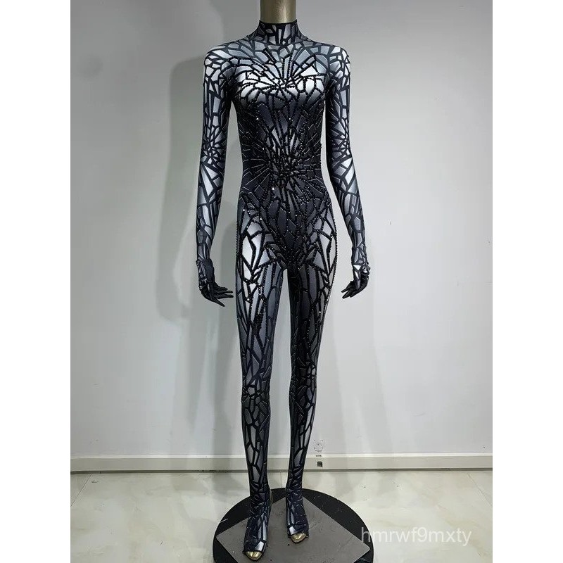 Women Sexy Printing Rhinestone Stretch Jumpsuit Club Evening Party Costume Wear Singer Dancer Stage 