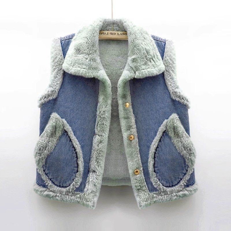 Unique Popular Faux Rabbit Fur Fleece-lined Thickened Denim Vest Cotton Vest Waistcoat Jacket