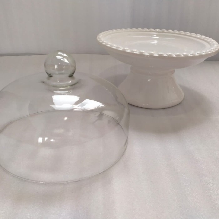 Ceramic Cake Stand With Glass Cover Tempat Kue Tutup Kaca Besar Genuine Part