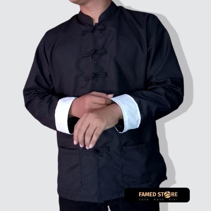 Premium  Kemeja China Cheongsam Pria Warna Hitam - Kemeja Pria Cina Polos