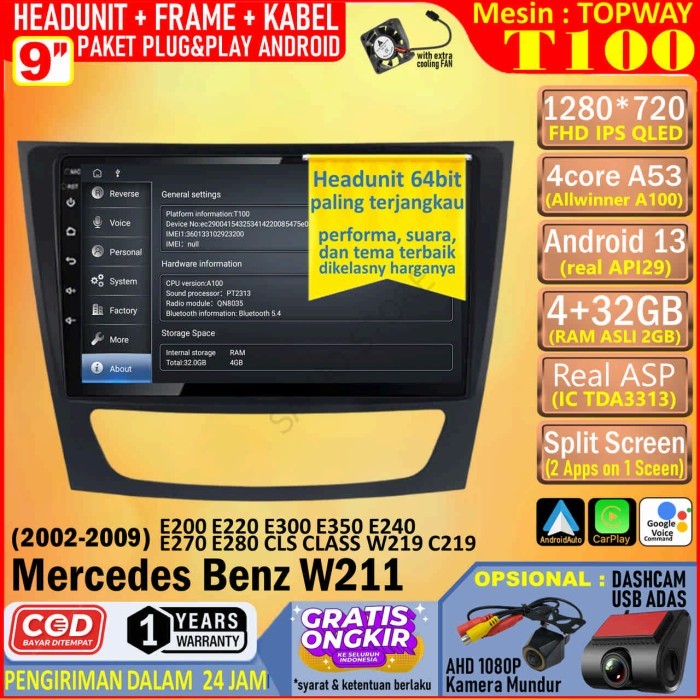 Paket Headunit Android 9 inch + Frame + PNP Canbus Mercedes Benz W211 Topway T100 RAM 4GB-ROM