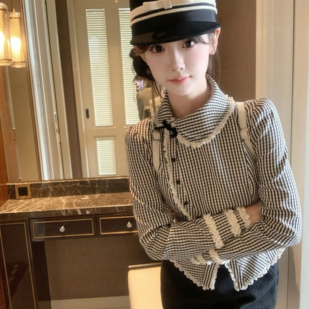 French Christmas Ankela Red Dopamine Design Button Plaid Overshirt