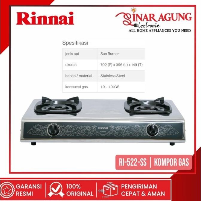 KOMPOR GAS RINNAI RI522SS / RI -522SS / RI522-SS (2 TUNGKU/STAINLESS)