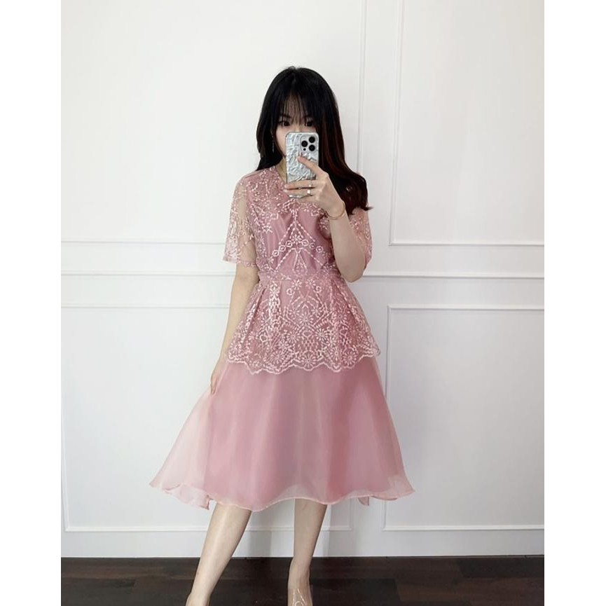 Midi Dress Wanita Lengan Pendek Baju Gaun Pesta Brokat Velvet Organza GAM