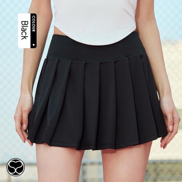 SecondShape - Venus Pleated Skirt Rok Tennis Golf Padel Olahraga Wanita Sport Skort - Black, S TERLA