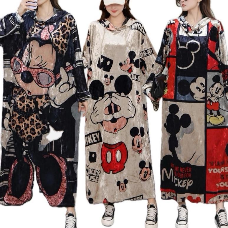 CR - MSPAW - Long Dress Hoodie Velvet bludru lengan panjang Motif TERLARIS