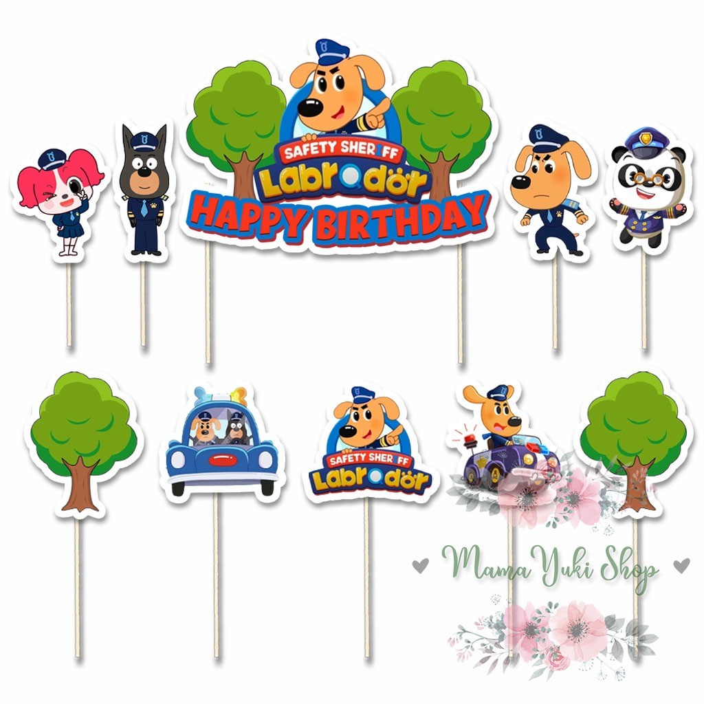 Topper Cake Hiasan Kue Ulang Tahun Anak motif SAFETY SHERIFF LABRADOR BABY BUS POLICE